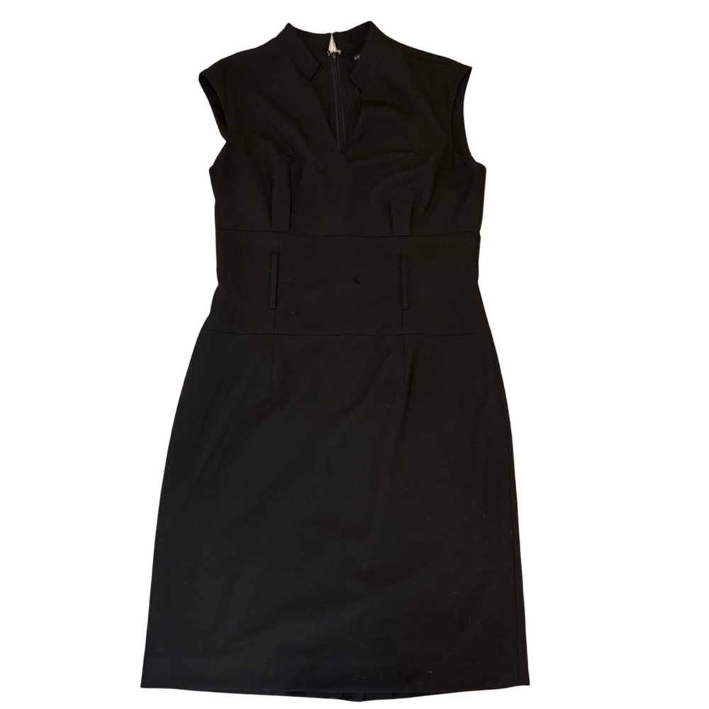 ANTONIO MELANI Sz 8 Black Dress Belted Above Knee V Neck Collared - Picture 7 of 9